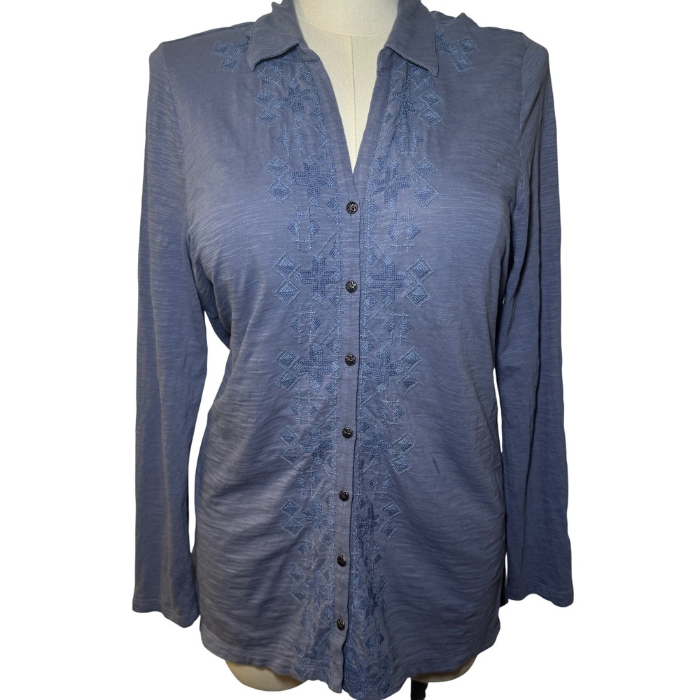 J.Jill Womens Blue Embroidered Button Down Long Sleeve Tunic Top Shirt Size L
